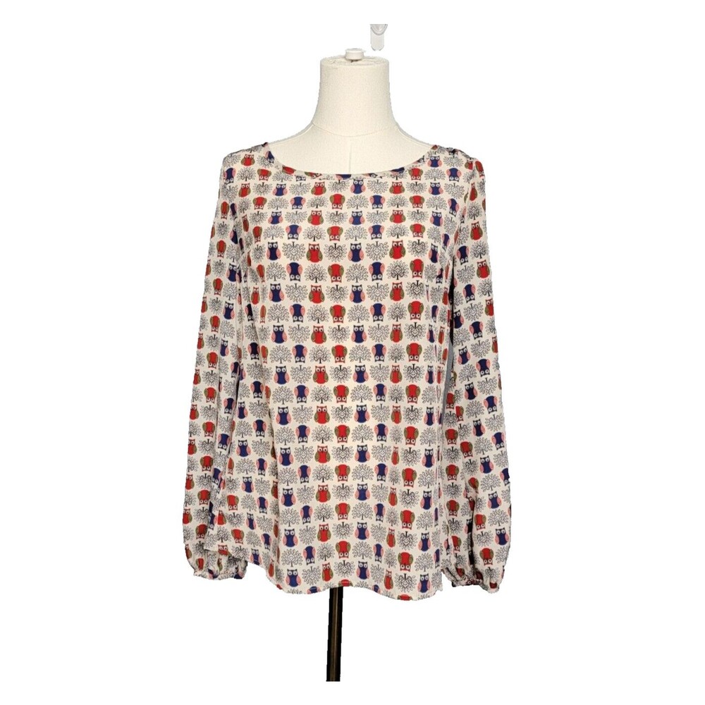 Vintage Owl Print Blouse Size S Maude Red Blue White Split Back Academia USA